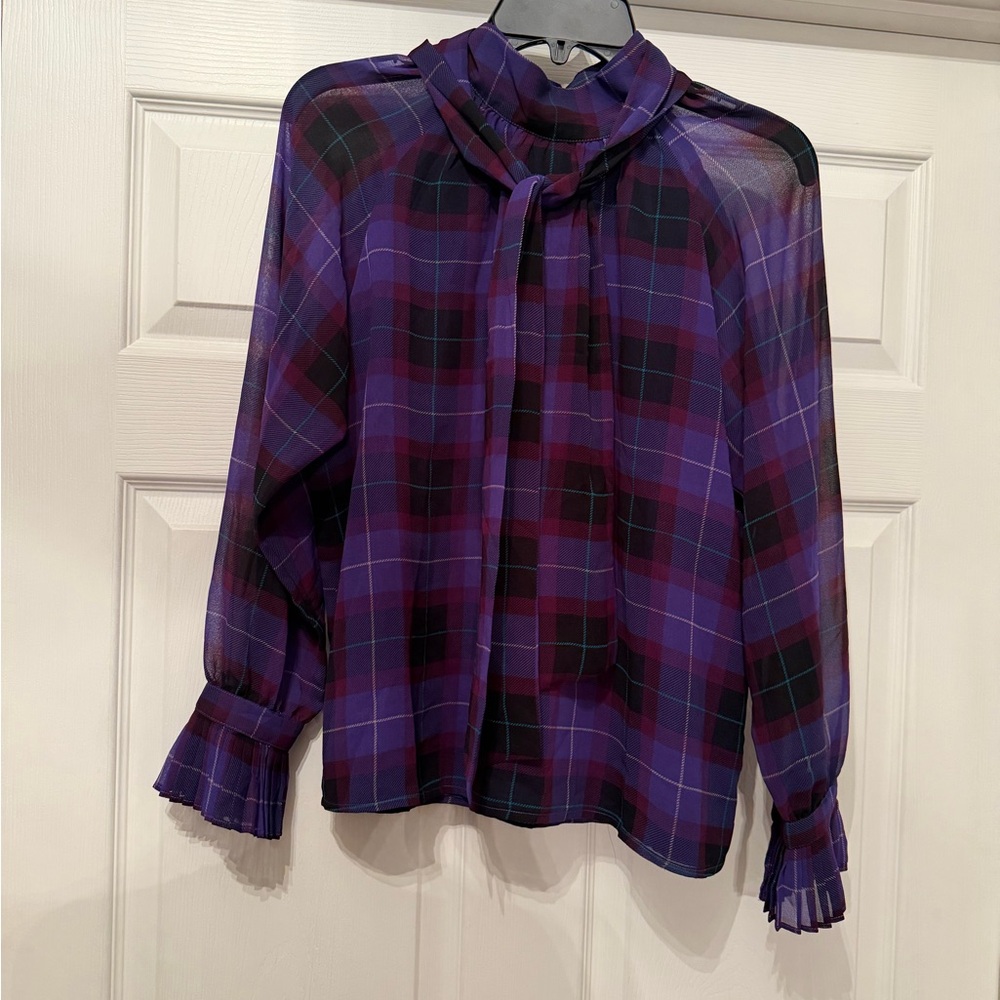 NWT Ann Taylor purple plaid blouse with neck tie Size Medium Petite MP